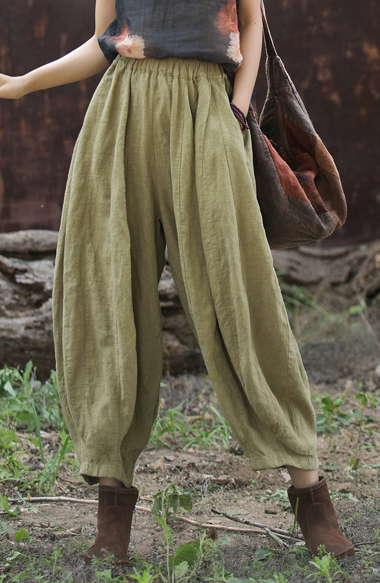 Balloon-Leg Pants in Linen-Look Textured Fabric