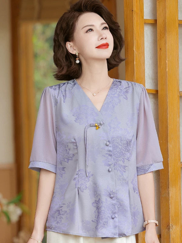 Jacquard Woven Blouse with Lapel Collar & Cuff Band