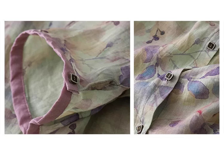 Floral Print Cotton Linen Three Quarter Sleeve Shirt