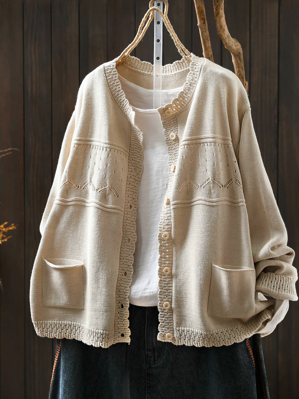 Soft Knit Cardigan with Openwork Panels & Ruffles