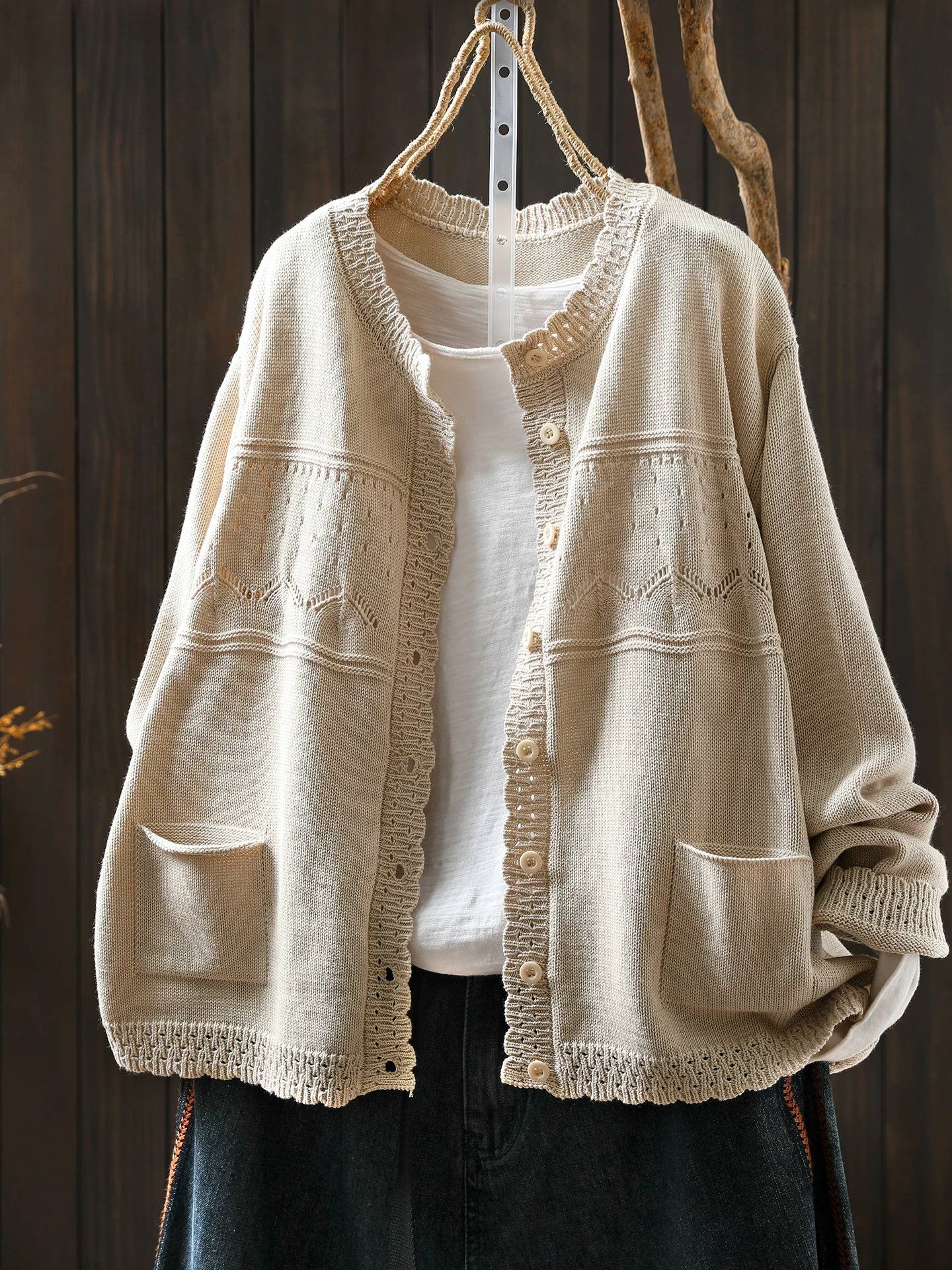 Soft Knit Cardigan with Openwork Panels & Ruffles