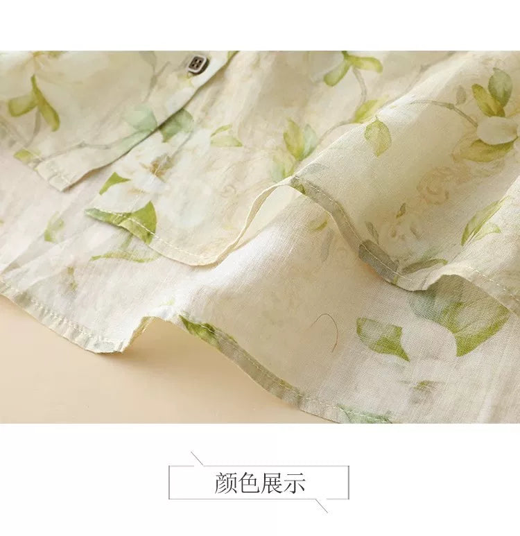 Floral Print Cotton Linen Three Quarter Sleeve Shirt