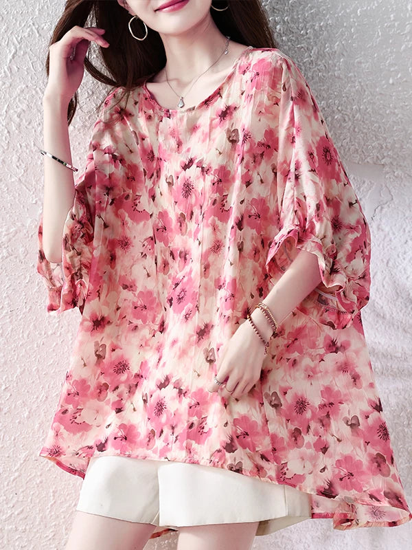 Floral Print Relaxed Top with Ruffled Elbow Sleeves