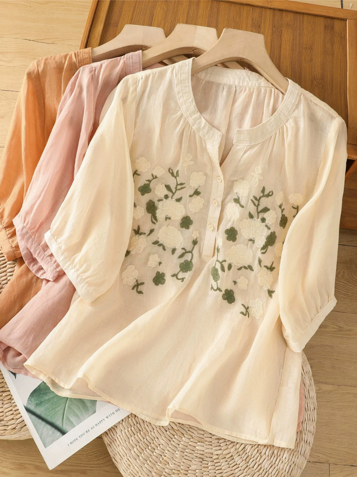 Embroidered Three Quarter Sleeve Cotton Linen Shirt