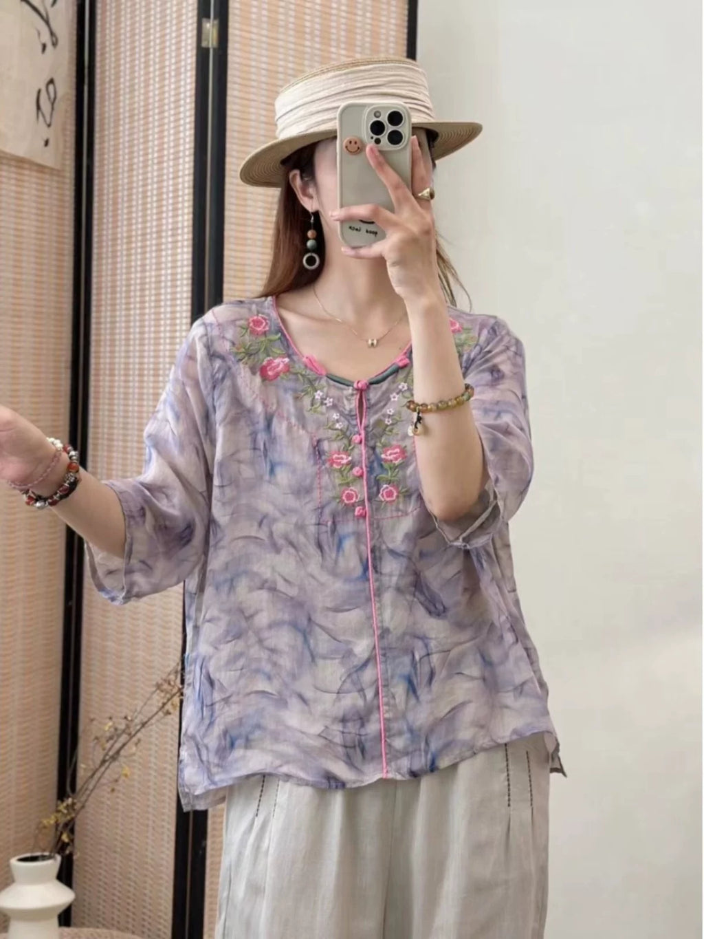 Embroidered Floral Print Half Sleeve Shirt