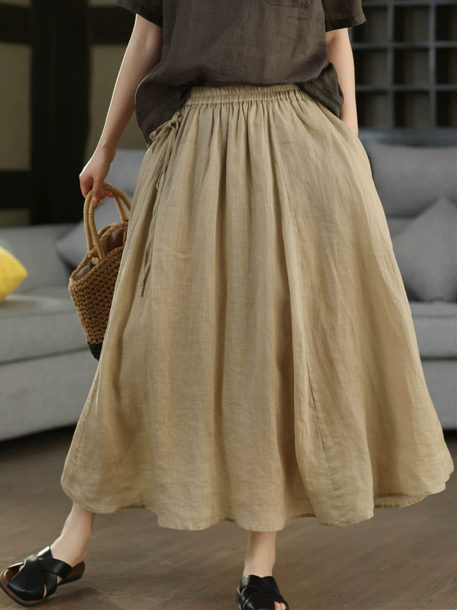 100% Ramie Double-Layer Maxi Skirt with Drawstring Waist