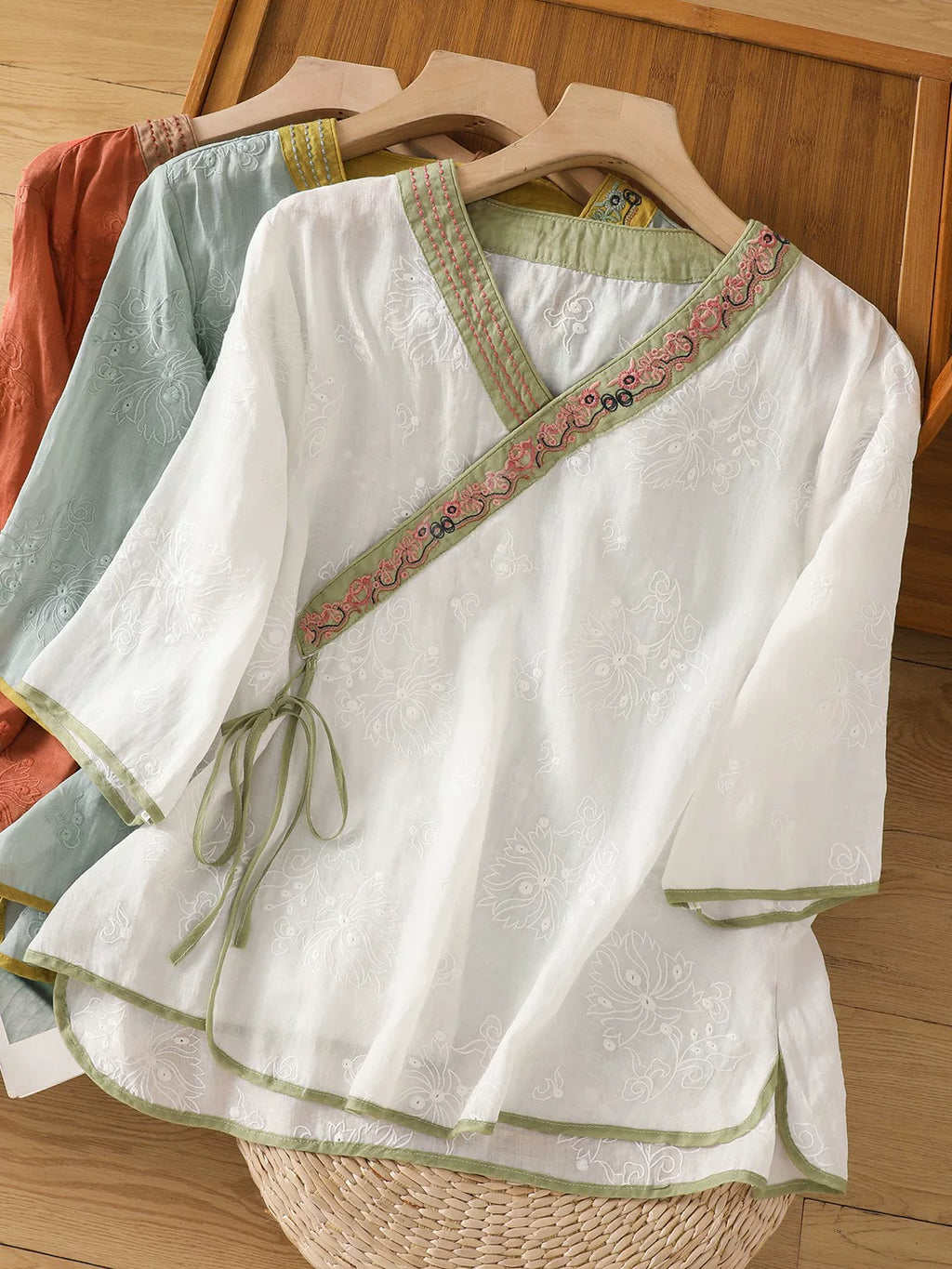 Embroidered Trim Three Quarter Sleeve Shirt