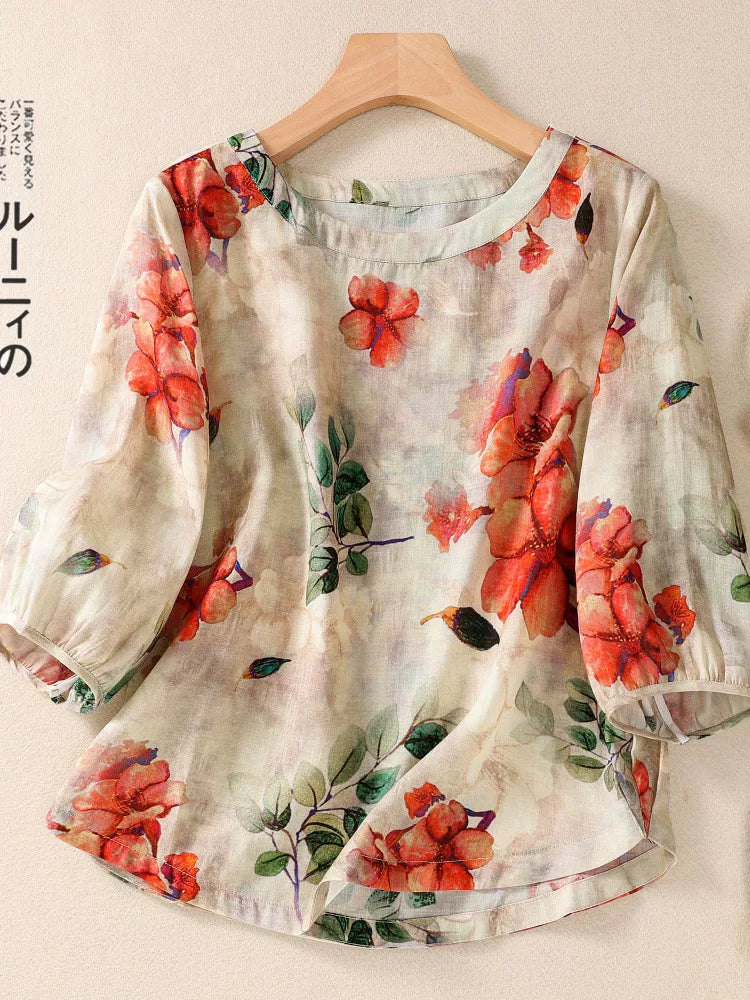 Floral Print Shirt with Three Quarter Sleeves, Cotton Linen