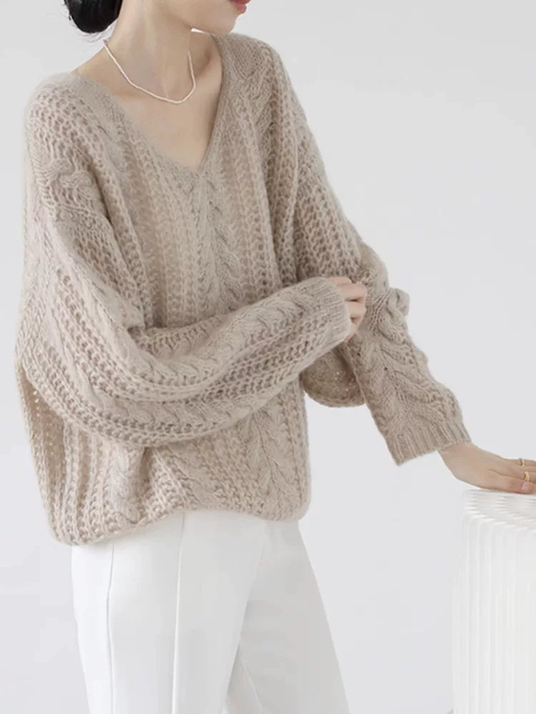 Oversized Mohair-Blend Knit Top with Openwork Cable Detail
