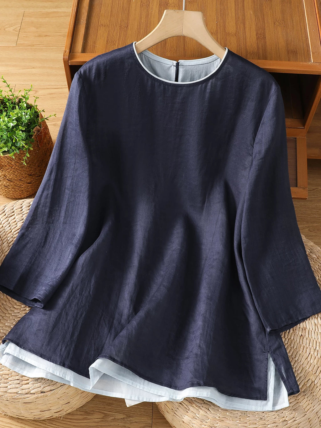 Cotton Linen Three Quarter Sleeve Shirt with Contrast Trim