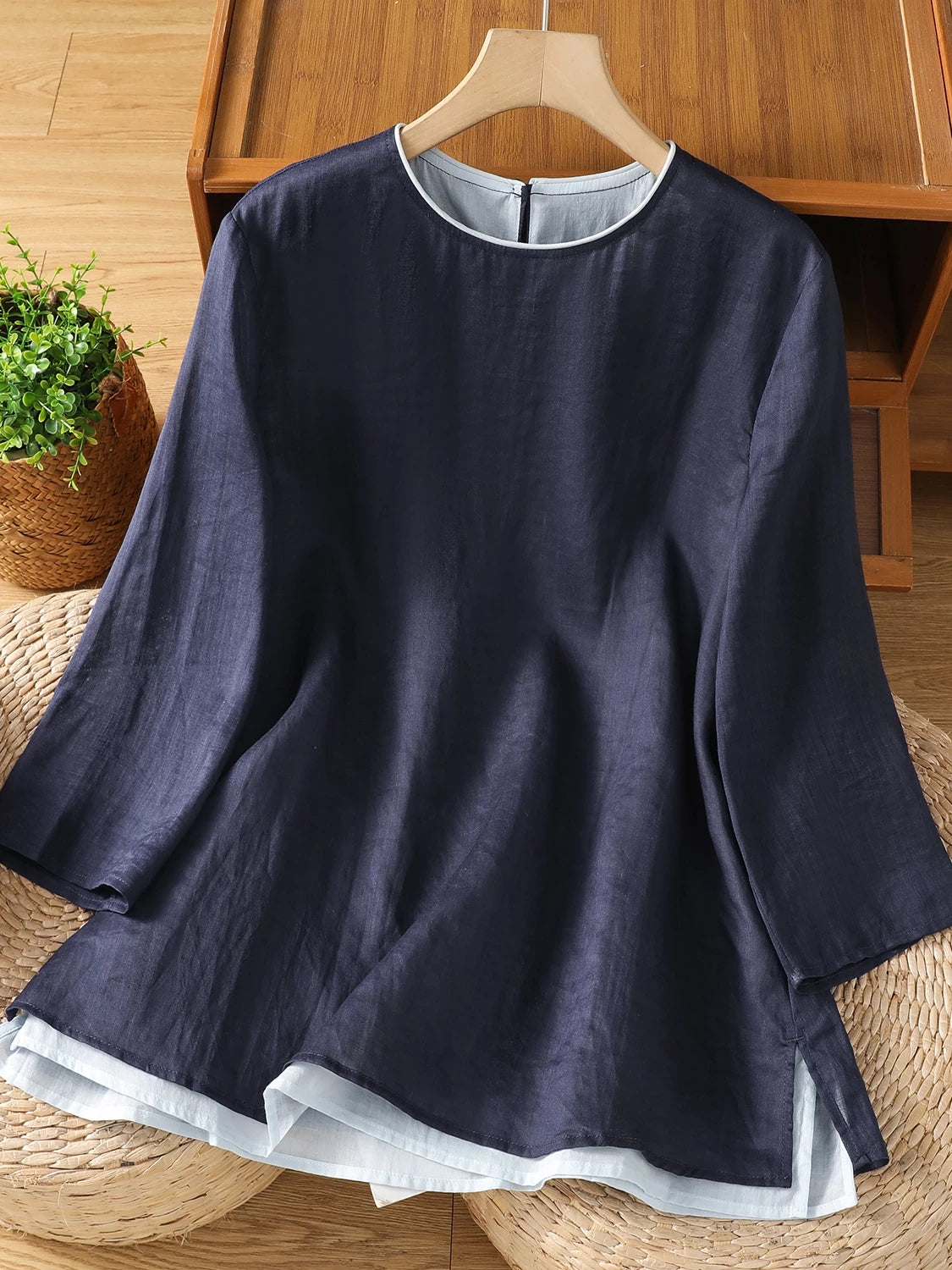 Cotton Linen Three Quarter Sleeve Shirt with Contrast Trim