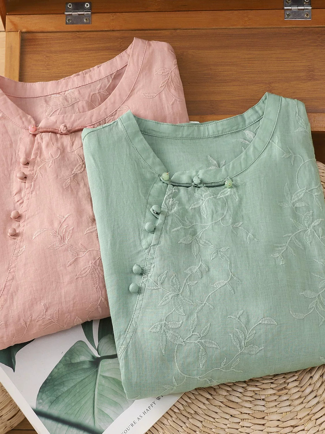 Embroidered Botanical Vine Cotton Linen Three Quarter Sleeve Shirt