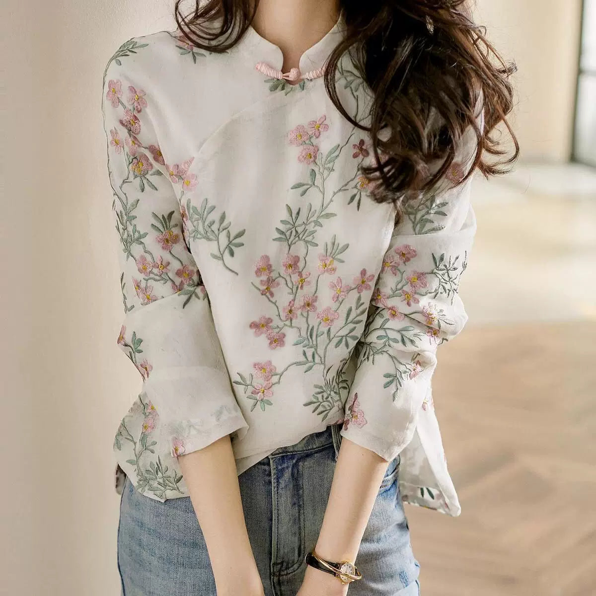 Off-White Floral Embroidered Linen-Look Top
