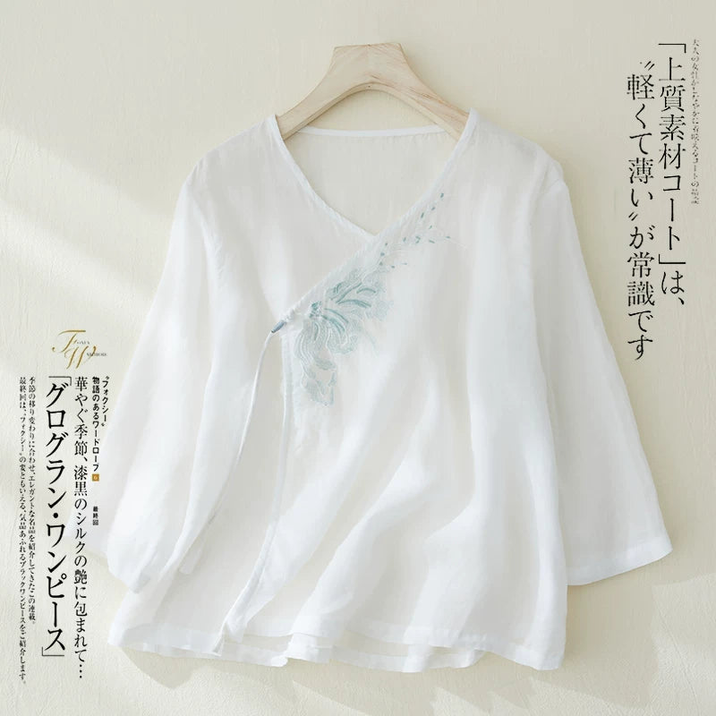 Embroidered V-Neck Top with Asymmetrical Tie Detail