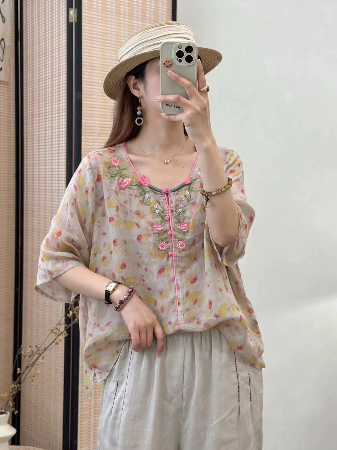 Embroidered Floral Print Half Sleeve Shirt