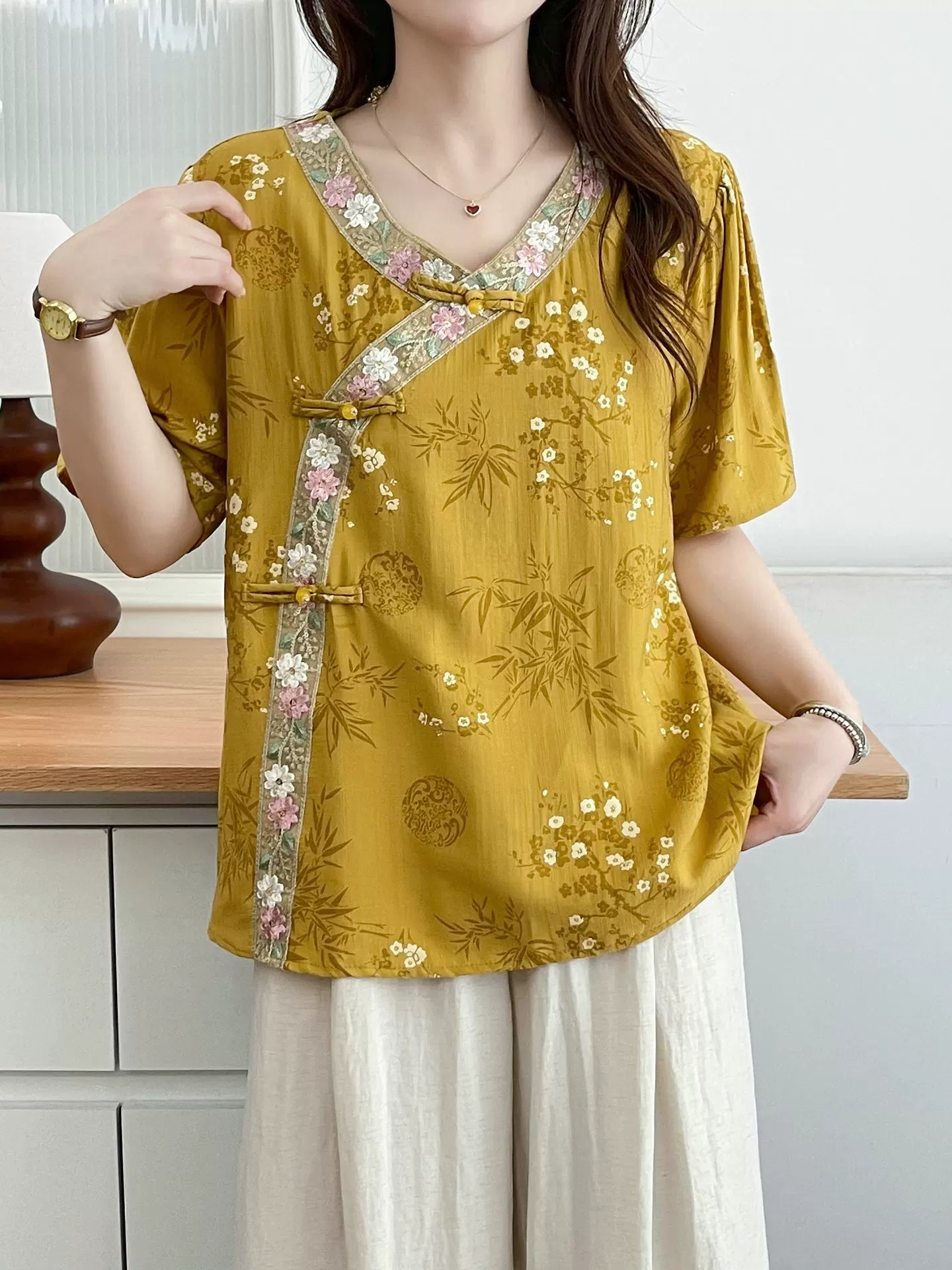 Relaxed V-Neck Tunic with Embroidered Trim & Botanical Print