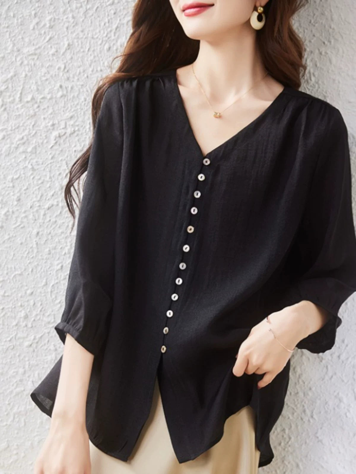 Black Button-Front Top with V-Neck and Mid-Length Sleeves