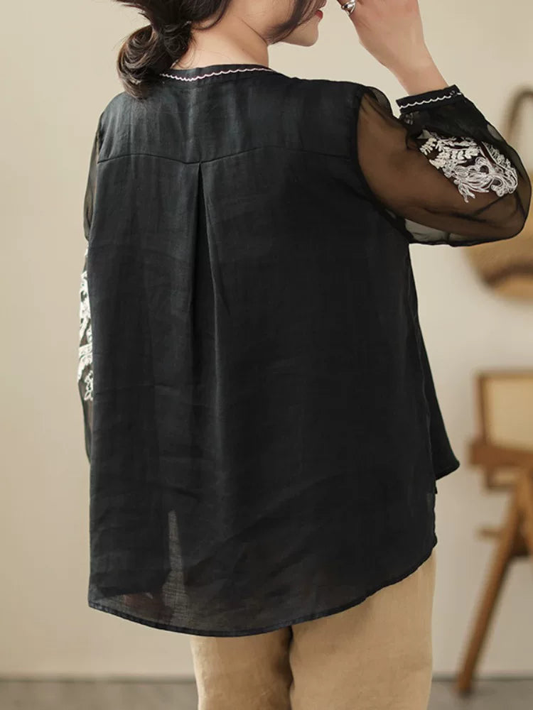 Sheer Mesh Sleeve Top with Embroidered Botanical Detail