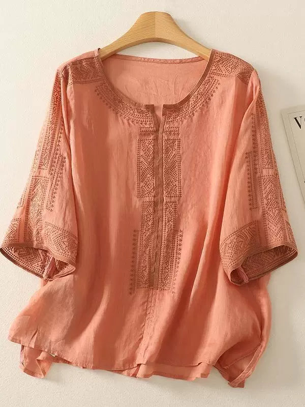 Embroidered Relaxed Top with Front Slit