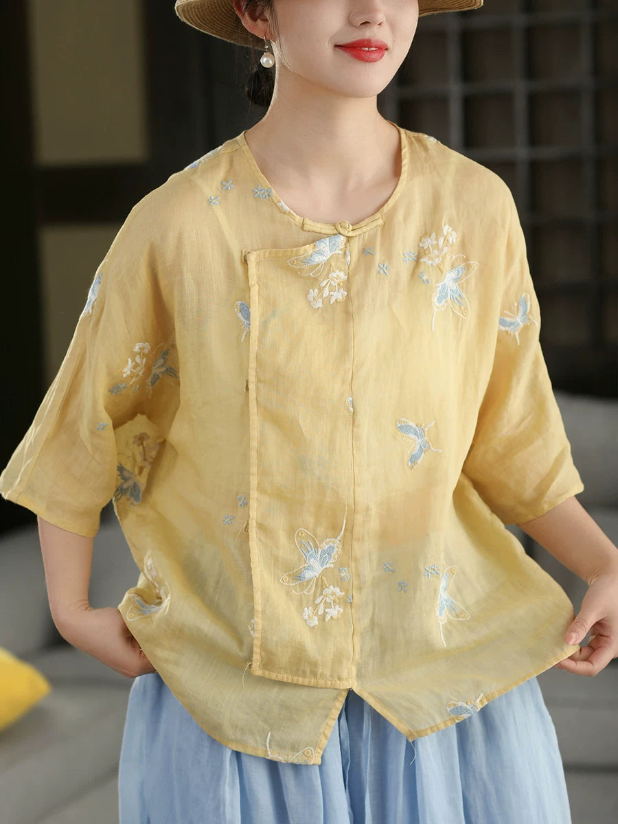 100% Ramie Top with Floral Embroidery & Knot Detail