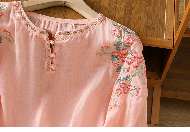 Embroidered Floral Top in Linen-Look Textured Fabric