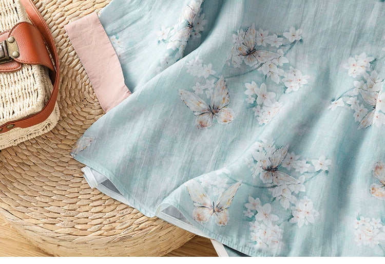 Floral Butterfly Print Three Quarter Sleeve Shirt