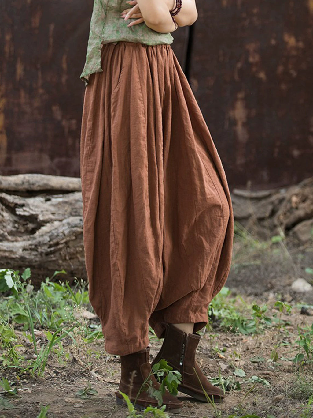 Balloon-Leg Pants in Linen-Look Textured Fabric