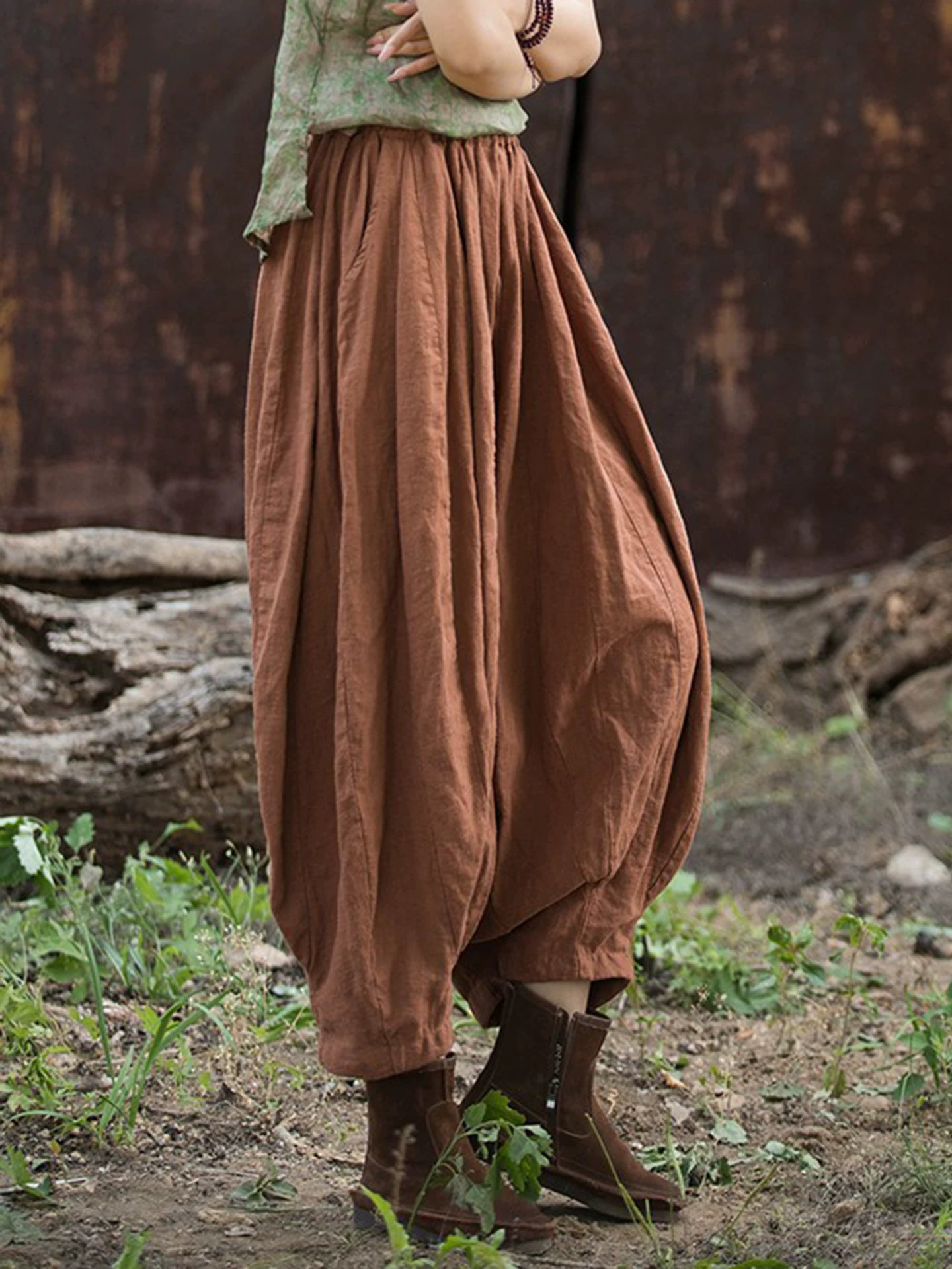 Balloon-Leg Pants in Linen-Look Textured Fabric