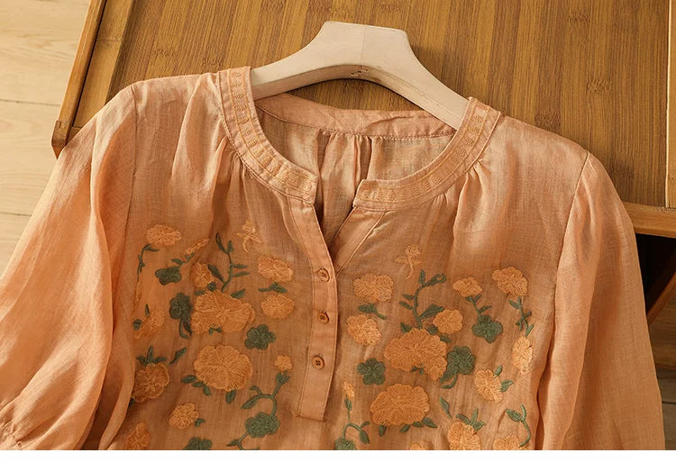 Embroidered Three Quarter Sleeve Cotton Linen Shirt