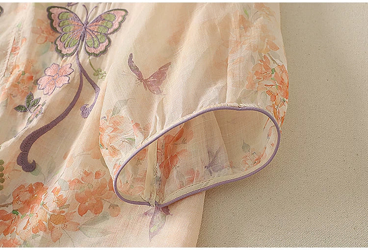Linen-Look Mandarin Collar Top with Butterfly Embroidery