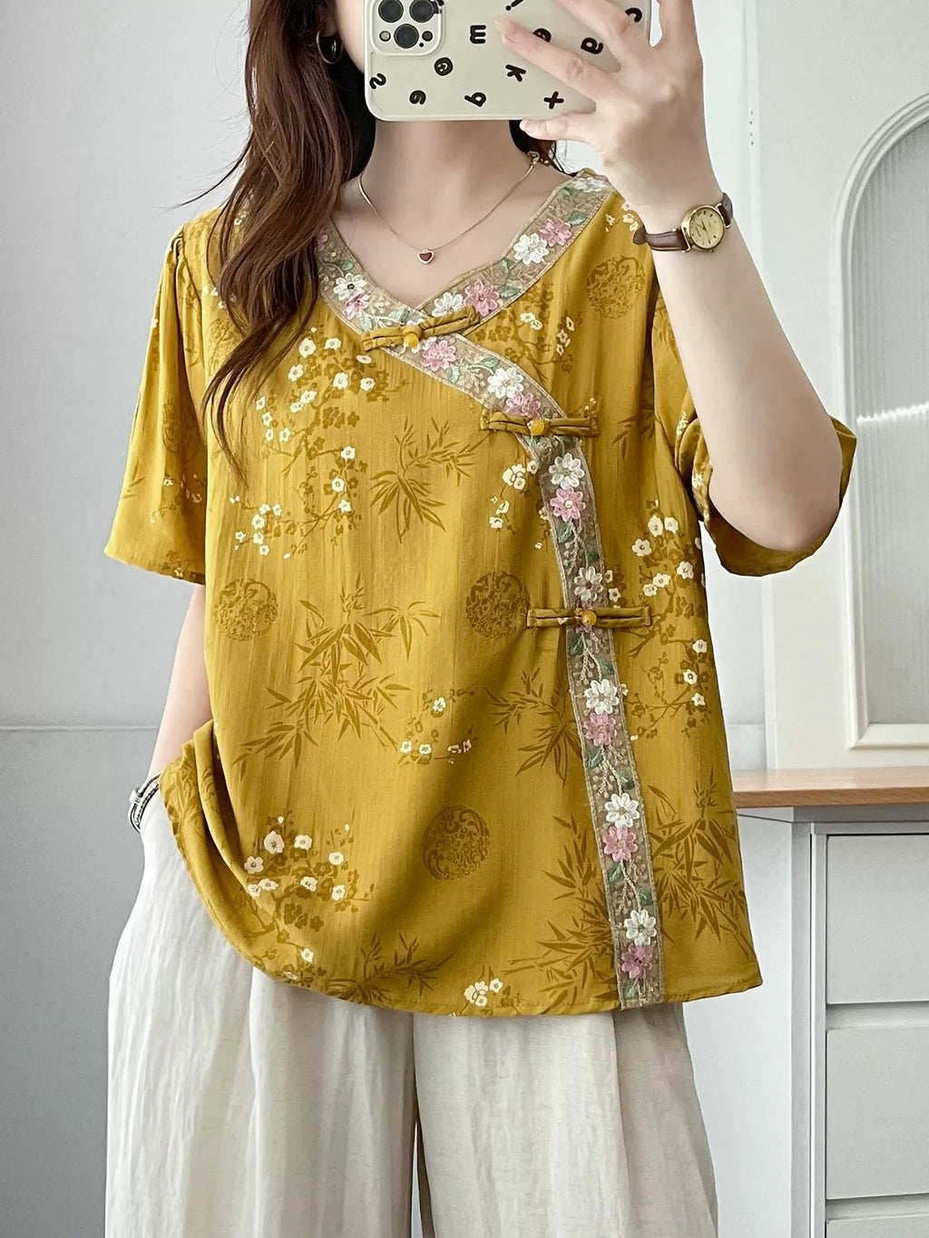 Relaxed V-Neck Tunic with Embroidered Trim & Botanical Print
