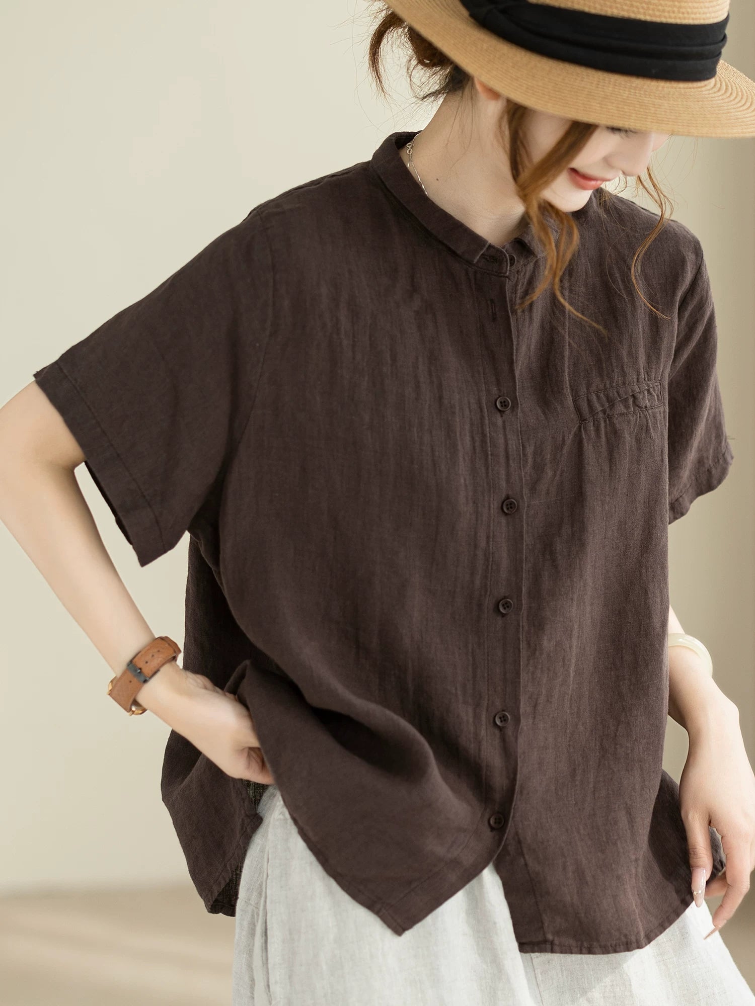 100% Linen Button-Front Top with Small Stand Collar