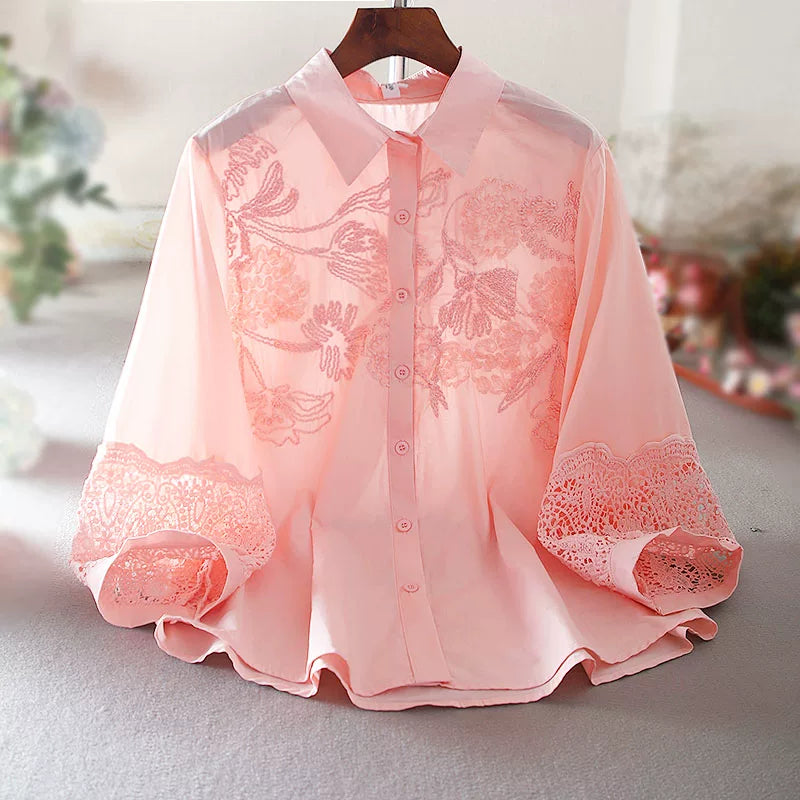 100% Cotton Blouse with Floral Embroidery & Lace Cuffs