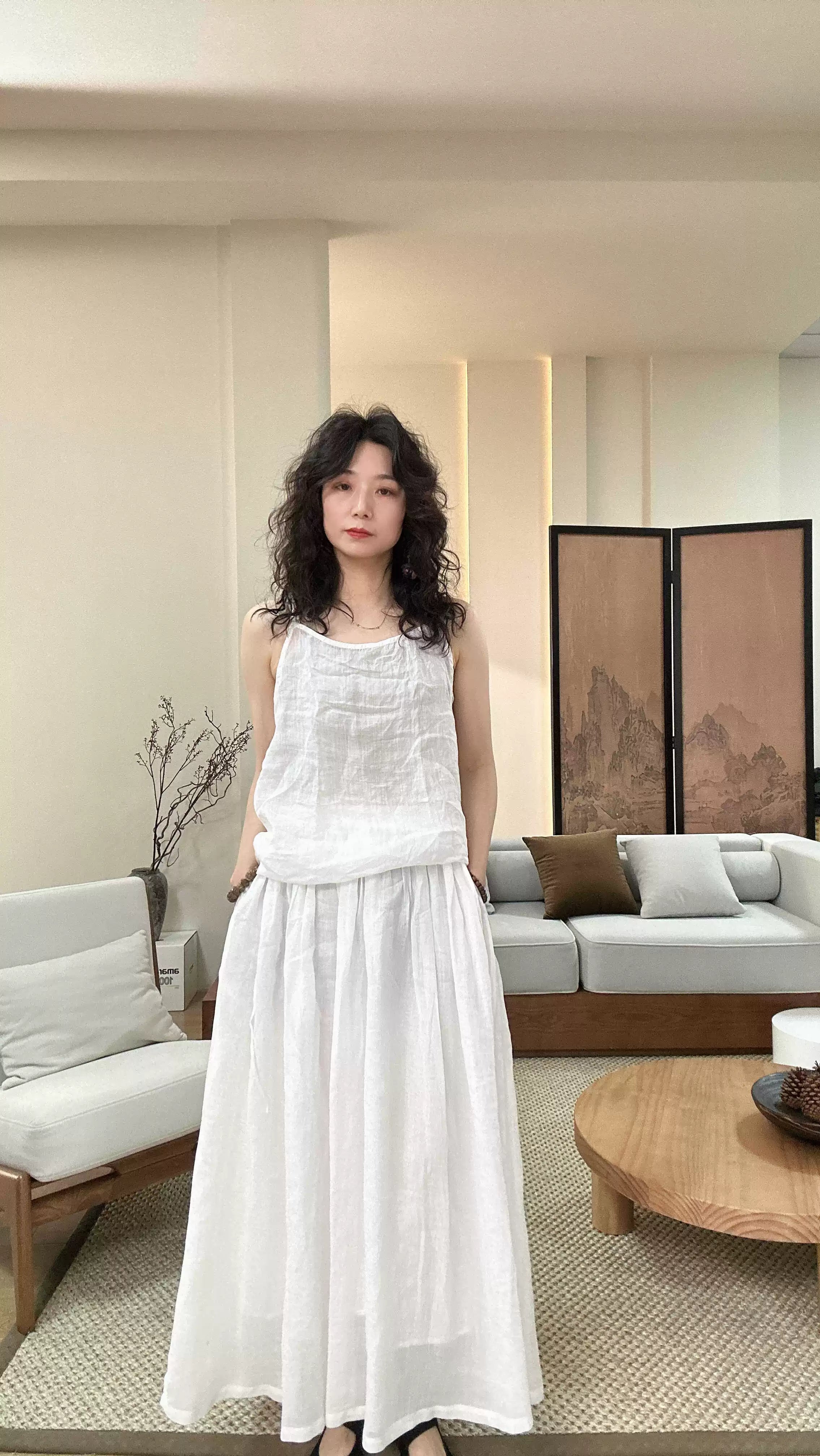 春夏季纯色苎麻双层女装新中式文艺风百搭仙女飘逸宽松半身裙9005