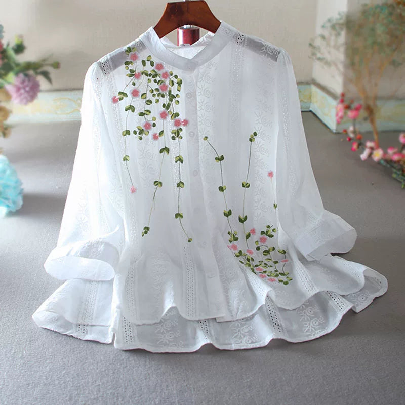 Cotton Blouse with Floral Embroidery & Eyelet Lace