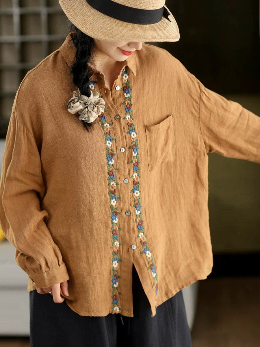 100% Linen Button-Front Top with Floral Embroidery