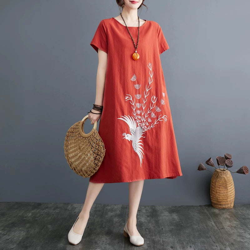 Embroidered Phoenix Short Sleeve Midi Dress