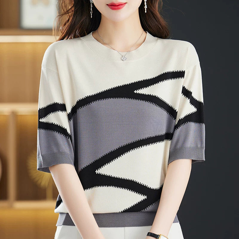 Relaxed Knit Top with Geometric Color-Block Design