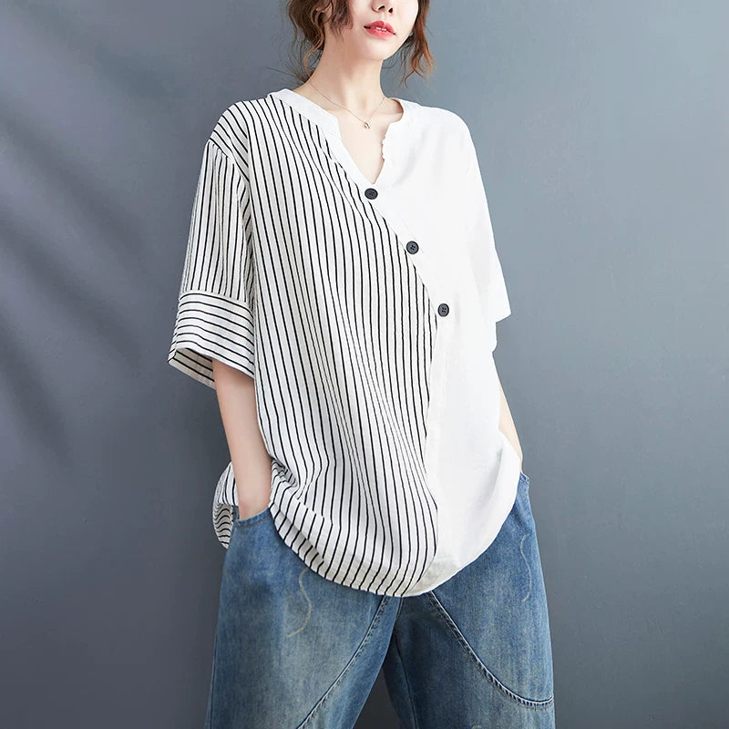 Asymmetrical Striped-Solid Panel Top in Cotton-Linen Blend