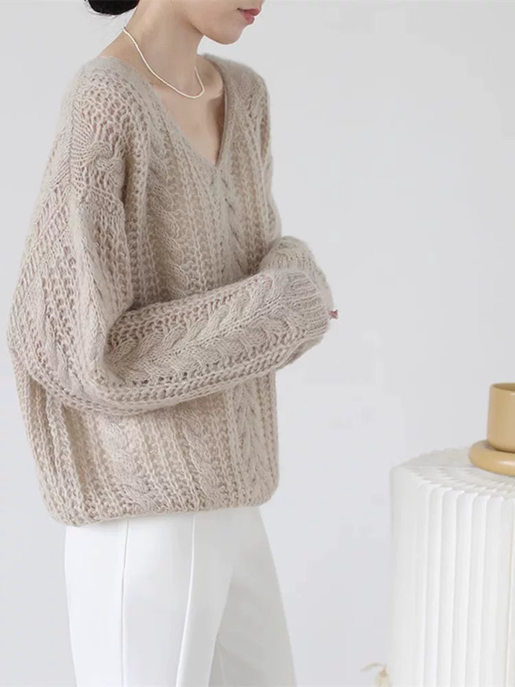 Oversized Mohair-Blend Knit Top with Openwork Cable Detail