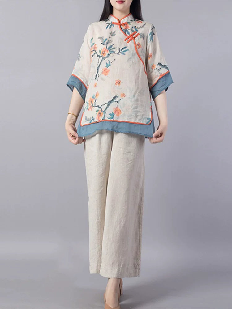 Floral Print Cotton Linen Three Quarter Sleeve Shirt