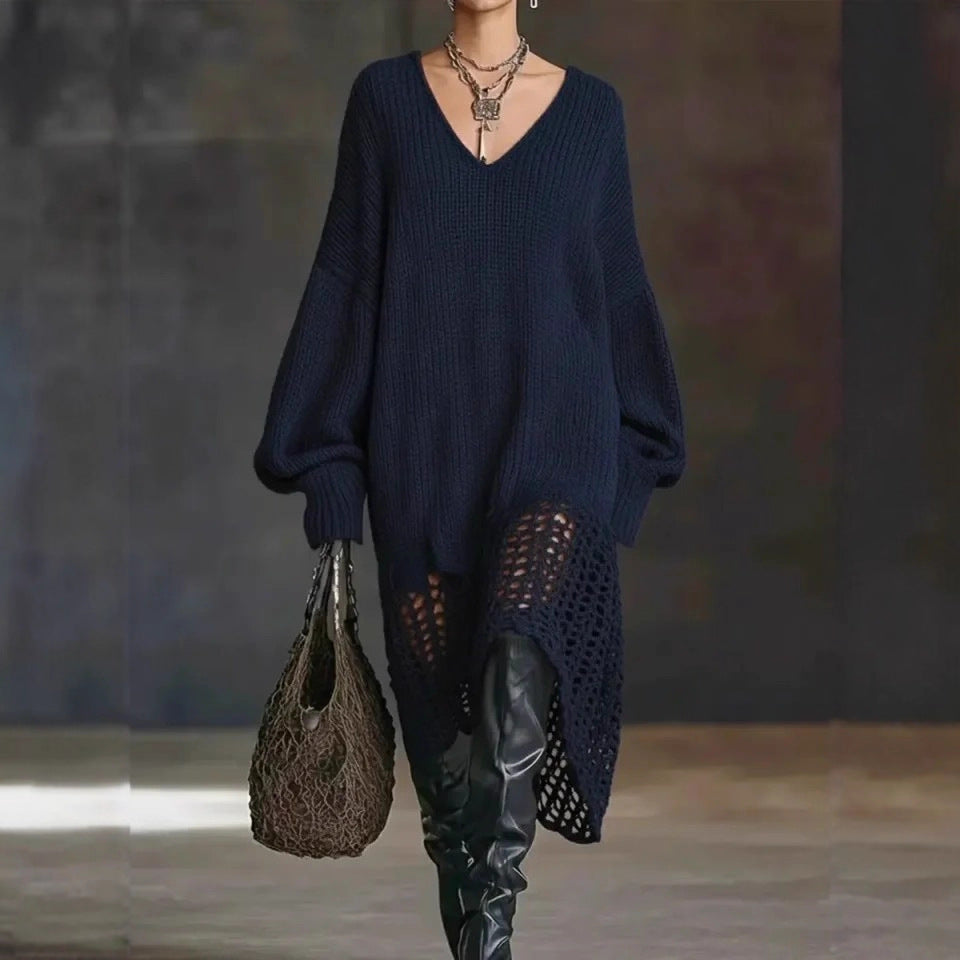 Oversized Knit Dress with V-Neck & Mesh Hem