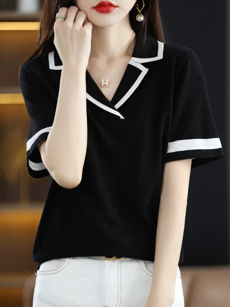 Relaxed V-Neck Knit Top with Contrast Trim