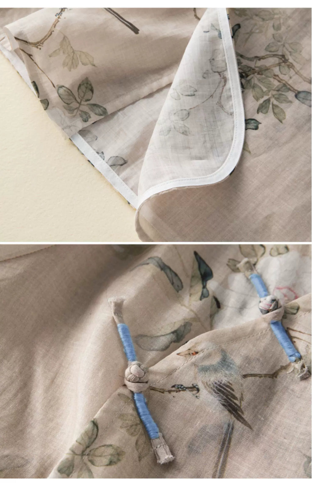 Botanical Bird Print Cotton Linen Three Quarter Sleeve Shirt