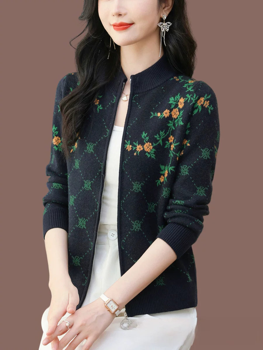 Floral Jacquard Zip-Front Cardigan, Small Stand Collar