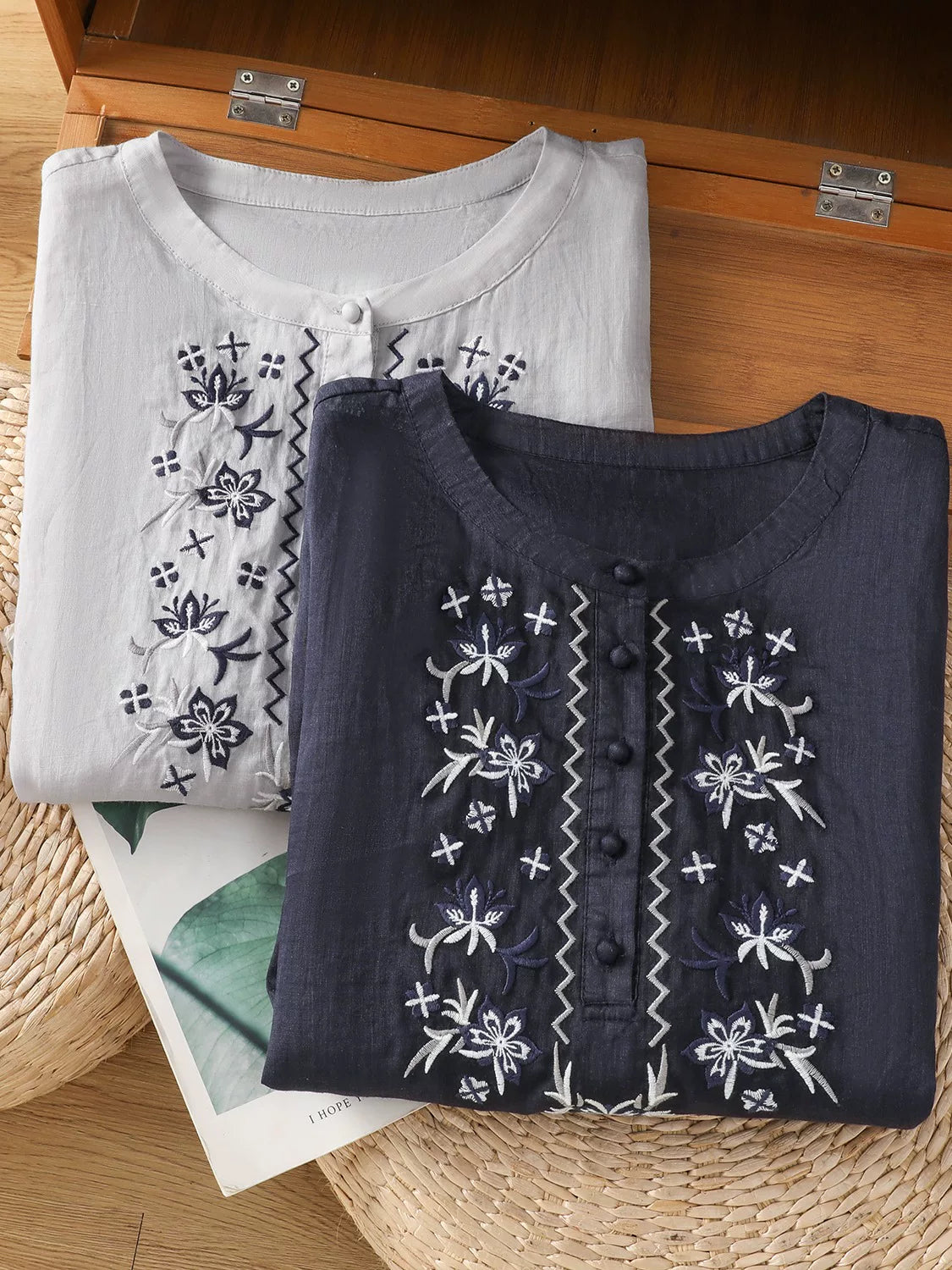 Embroidered Blouse with Elbow-Length Sleeves
