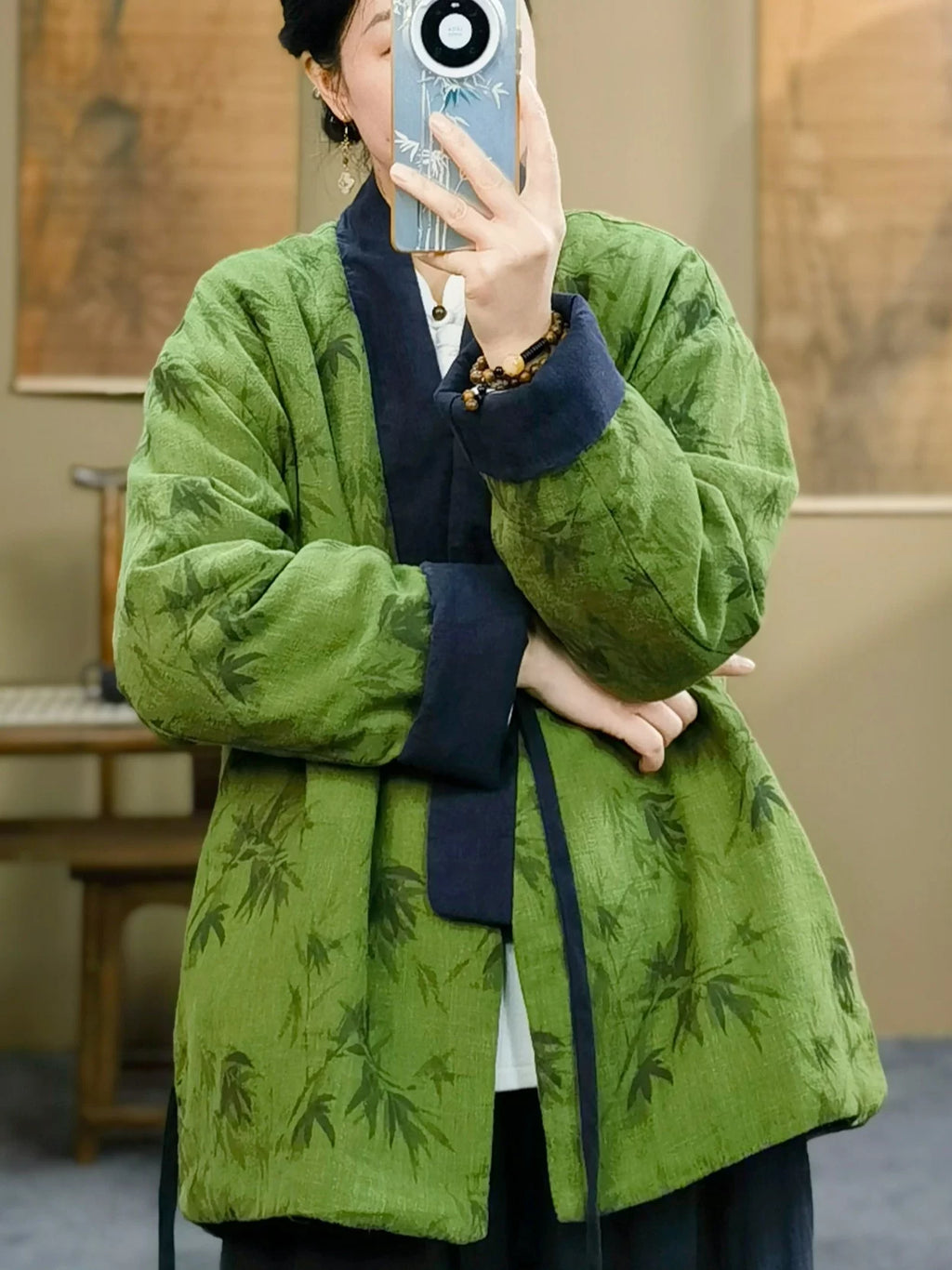 Women's New Chinese Style Cotton Coat with V-Neck and Floral Print