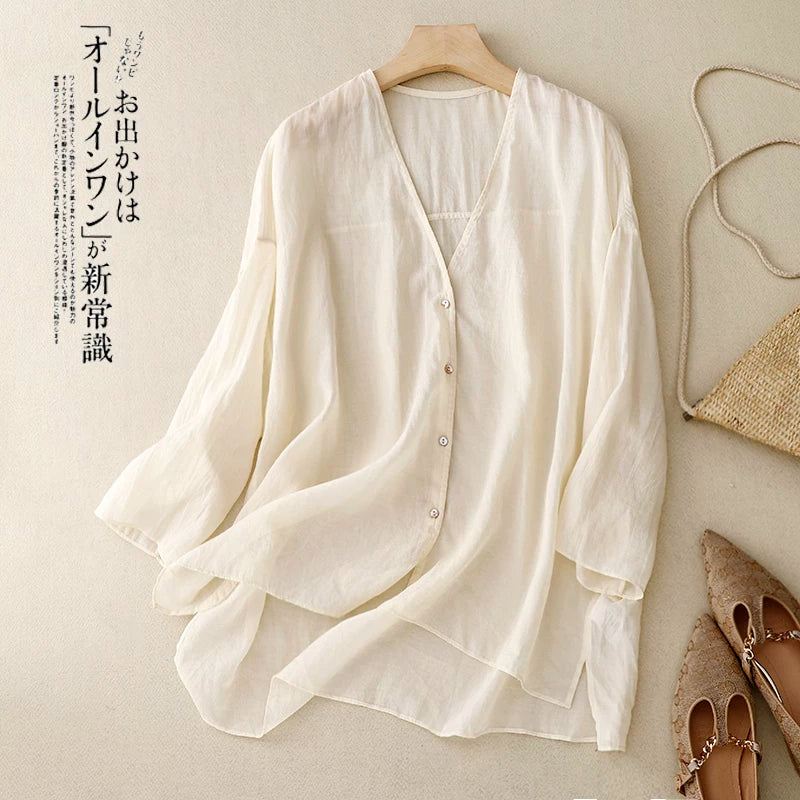 Cotton Linen V-Neck Three Quarter Sleeve Shirt