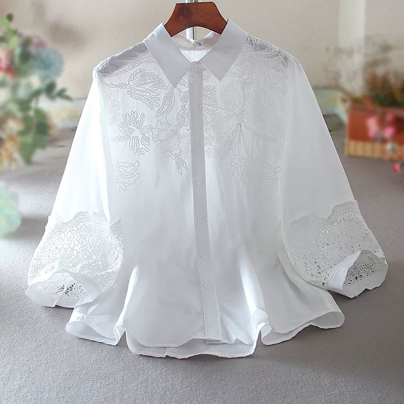 100% Cotton Blouse with Floral Embroidery & Lace Cuffs