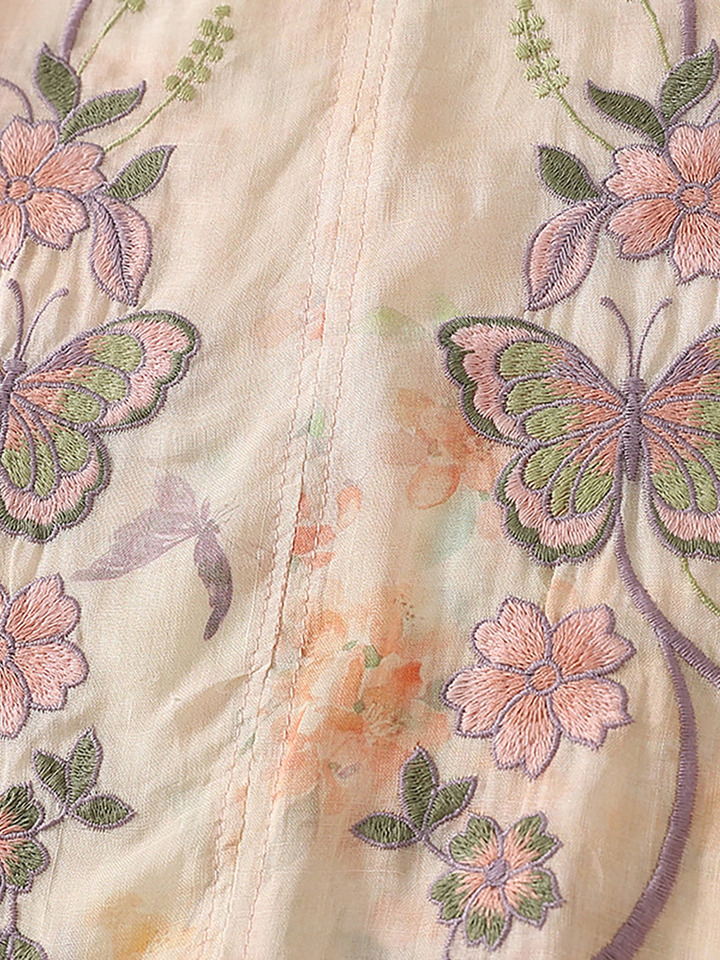 Linen-Look Mandarin Collar Top with Butterfly Embroidery